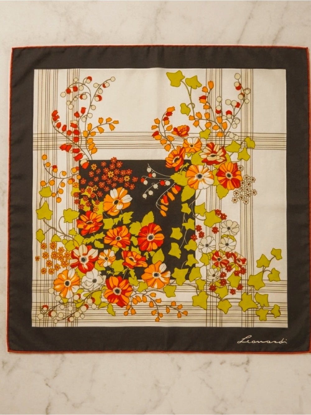 VTG Leonardi Italian Floral Square Scarf Autumn Orange Brown